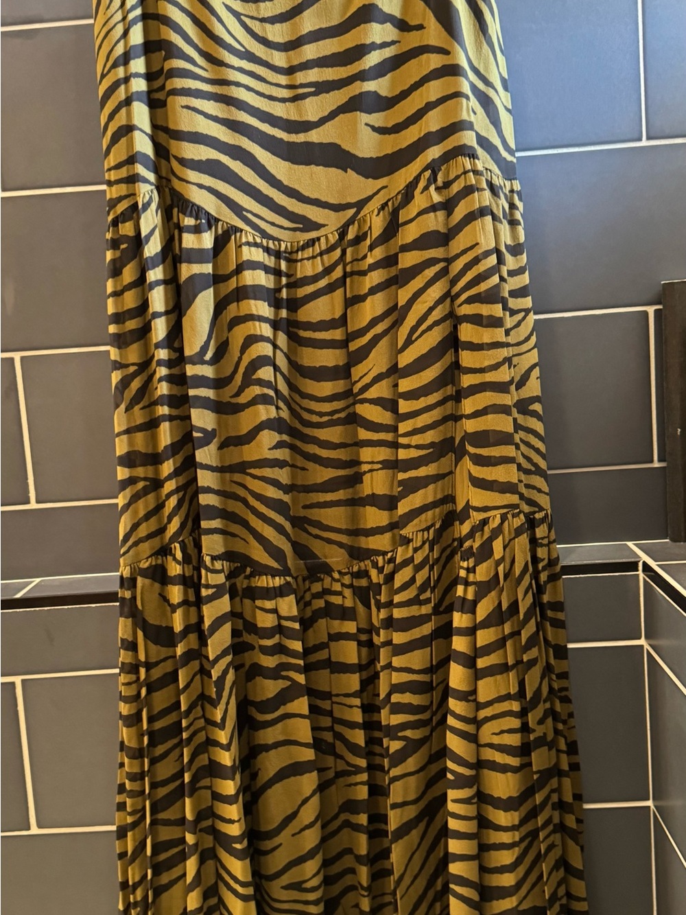 Veronica Beard Olive and Black Zebra-Print Tiered Maxi Skirt